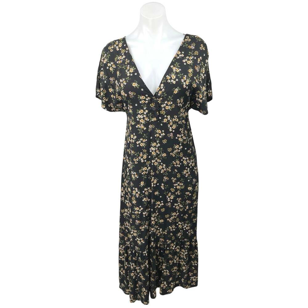 Pull & Bear Women's Black Peasant Floral V Neck Short Sleeve Midi Dress Size S